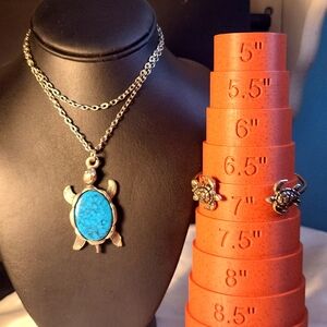 129. Faux Turquoise Turtle Silvertone Necklace 24" with Turtle Cuff Bracelet